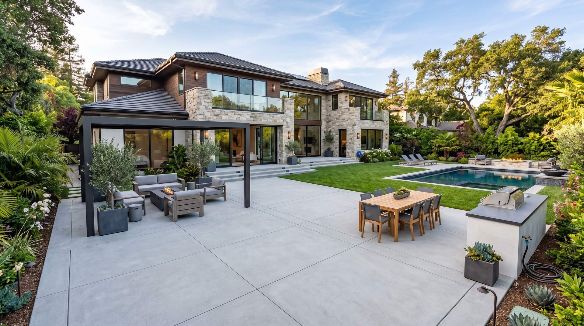 A luxurious house that has just had a new concrete patio installed in the backyard.