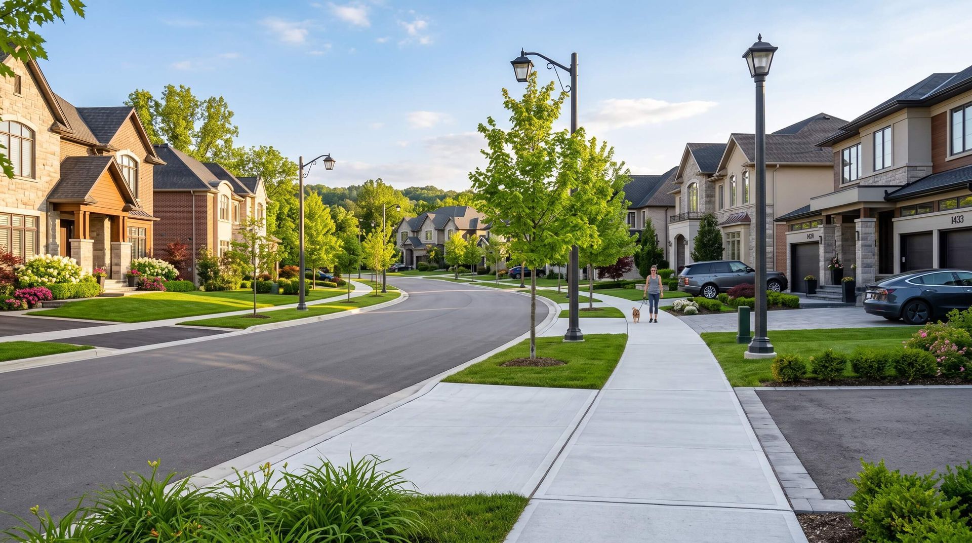 A luxurious neighborhood with new sidewalks.