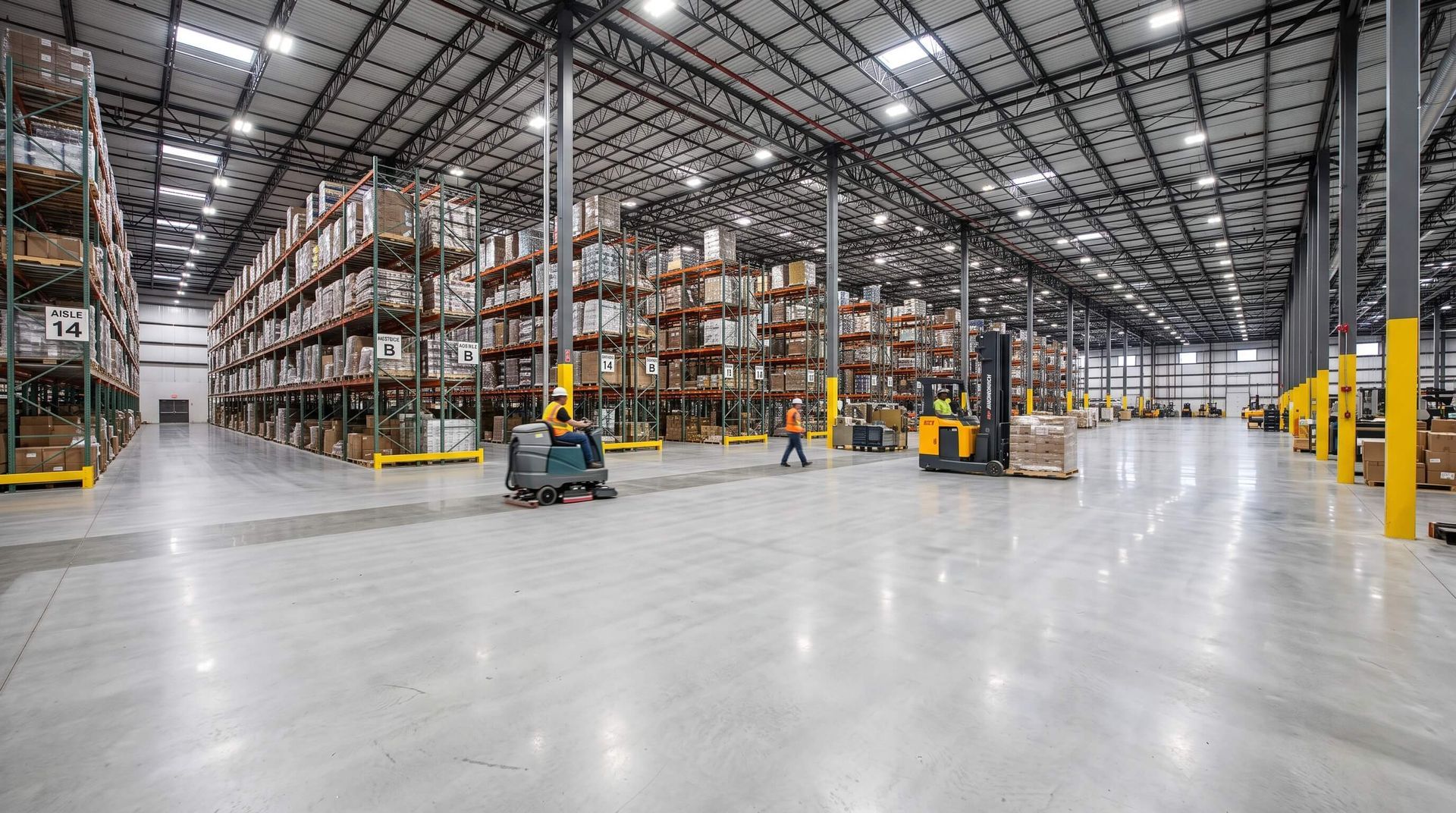 The interior of a large warehouse with a new concrete floor.