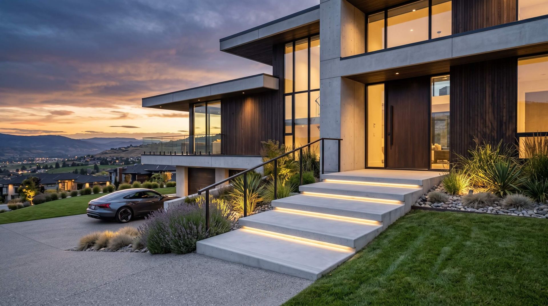A luxurious house with new concrete steps.