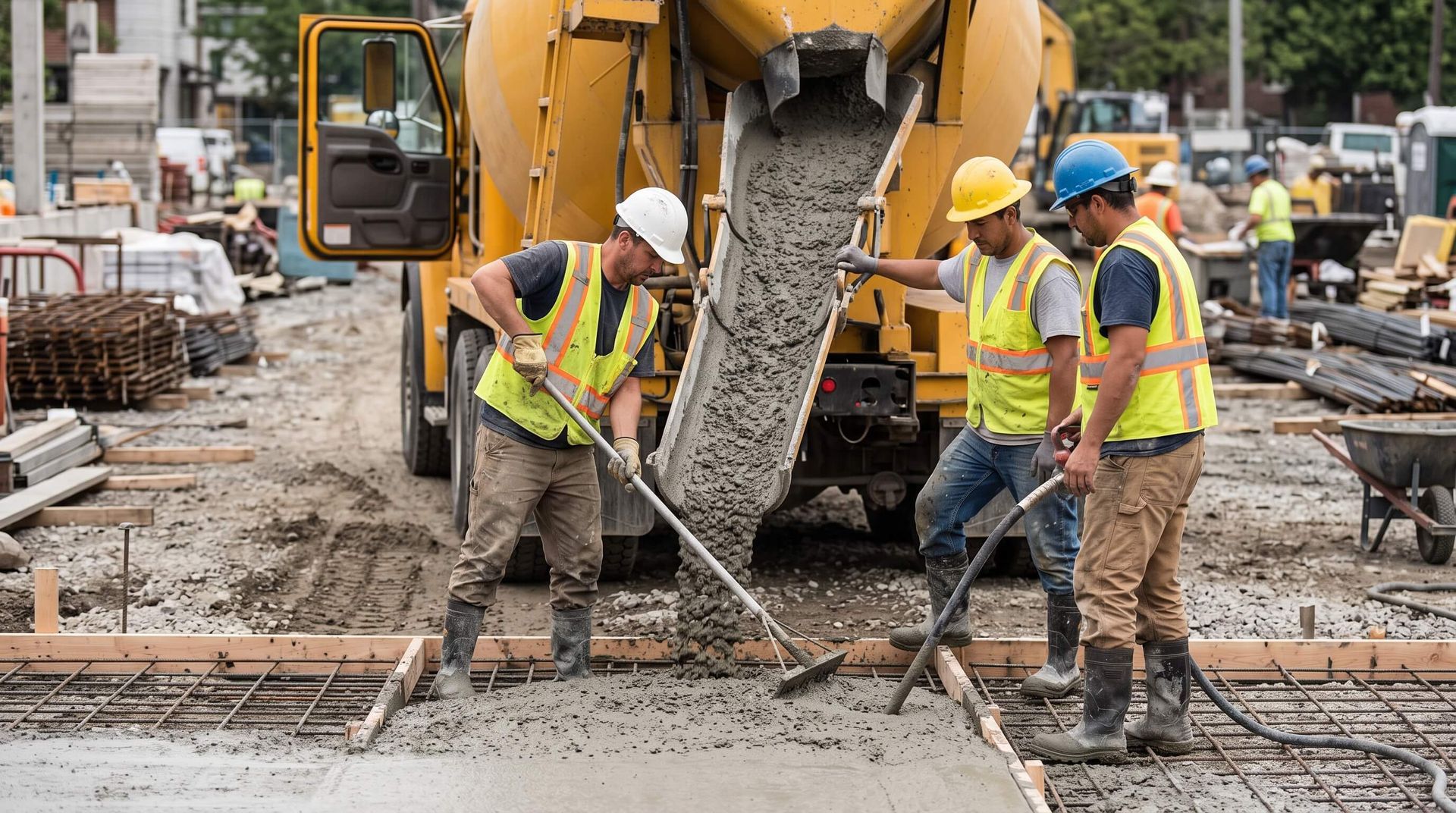 Male concrete workers shoveling freshly poured concrete