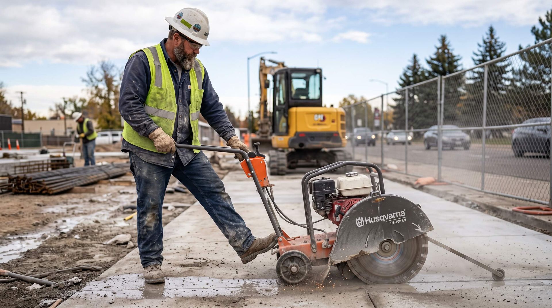 A male concrete worker cutting concrete with professional equipment.
