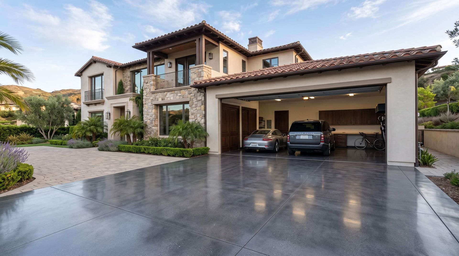 A luxurious house with a brand new garage floor concrete.