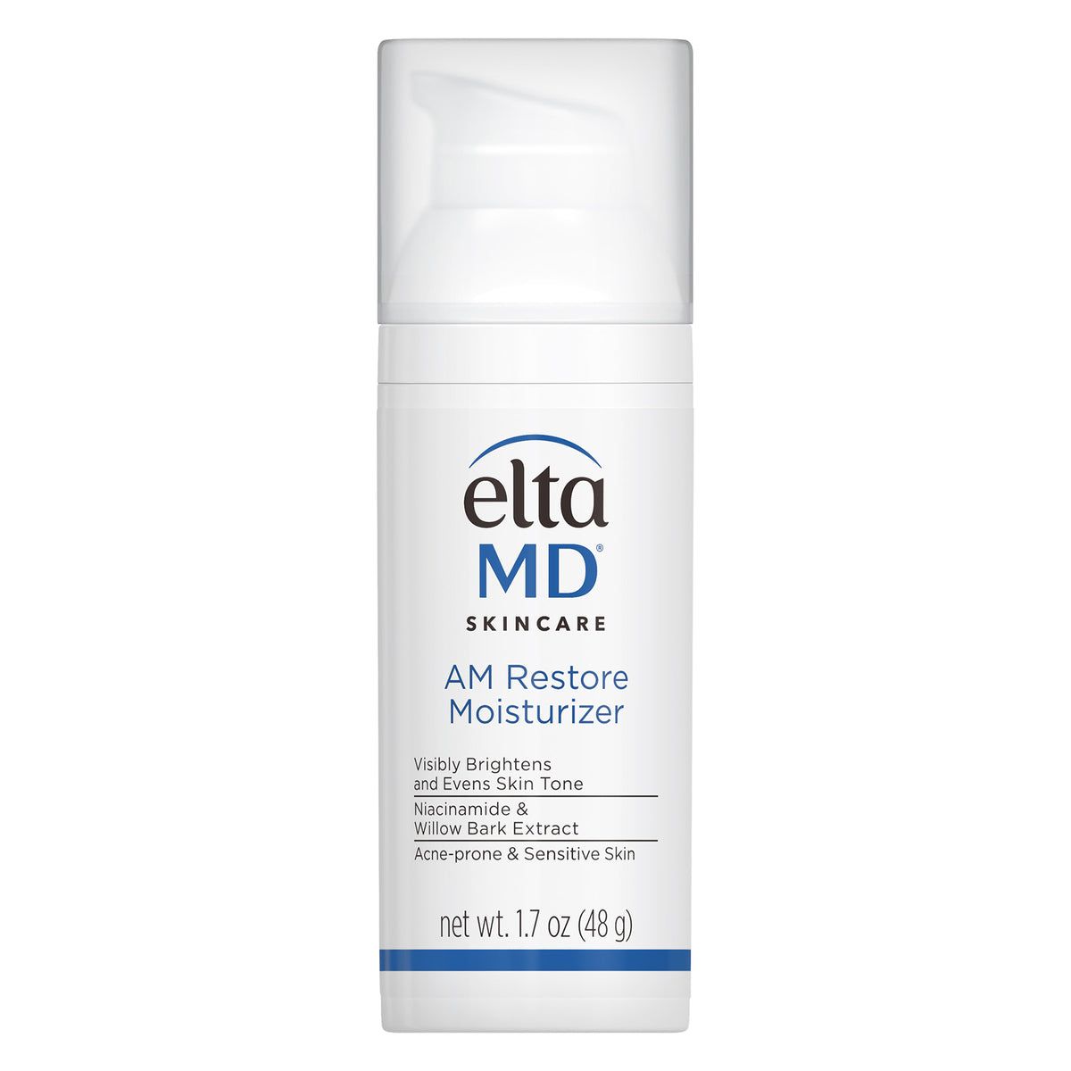 A bottle of elta md am restore moisturizer on a white background.