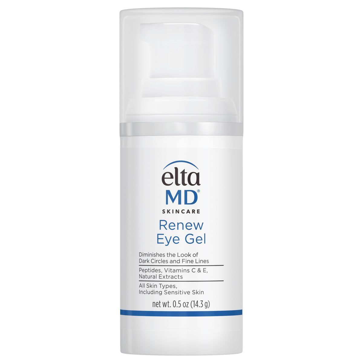A bottle of elta md renew eye gel on a white background