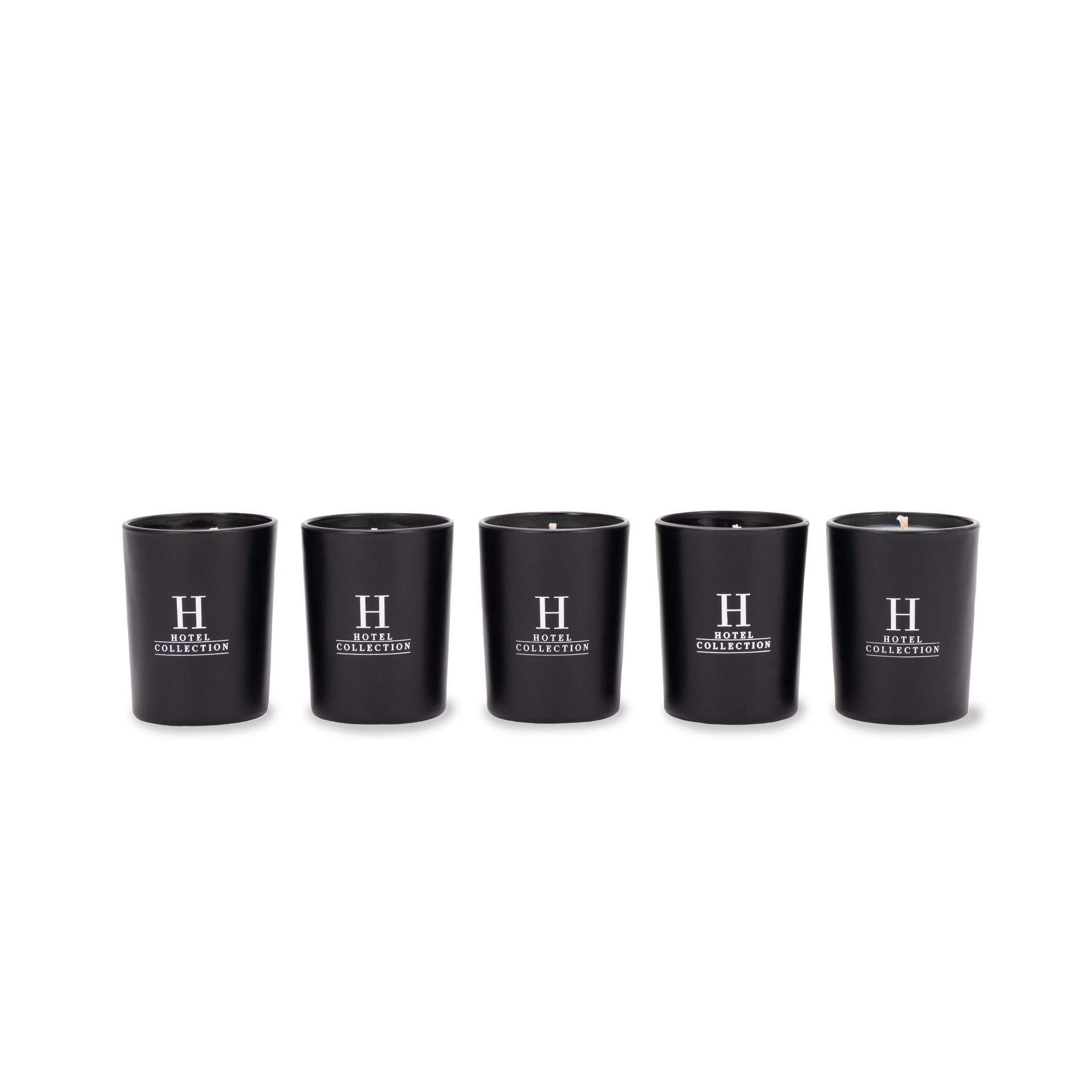 Five black candles are lined up in a row on a white background.