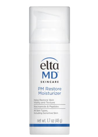 A bottle of elta md pm restore moisturizer on a white background.