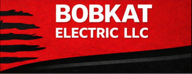 The logo for Bobkat Electric LLC featuring white text on a red background with black claw marks on the left.