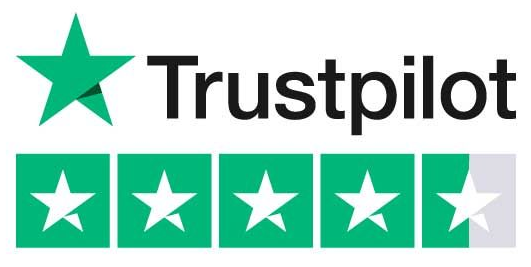 Trustpilot-logo: grøn stjerne og tekst, fire udfyldte og én delvist udfyldt stjernebedømmelse.