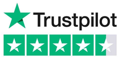 Trustpilot-logo med en grøn stjerne og fire udfyldte stjerner, hvoraf den ene er halvt udfyldt, over en hvid baggrund.