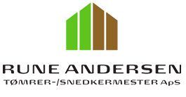 Logo for Rune Andersen, med et grønt og brunt husikon over navnet og teksten 