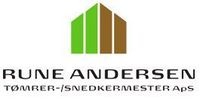 Logo for Rune Andersen, med et grønt og brunt husikon over navnet og teksten 