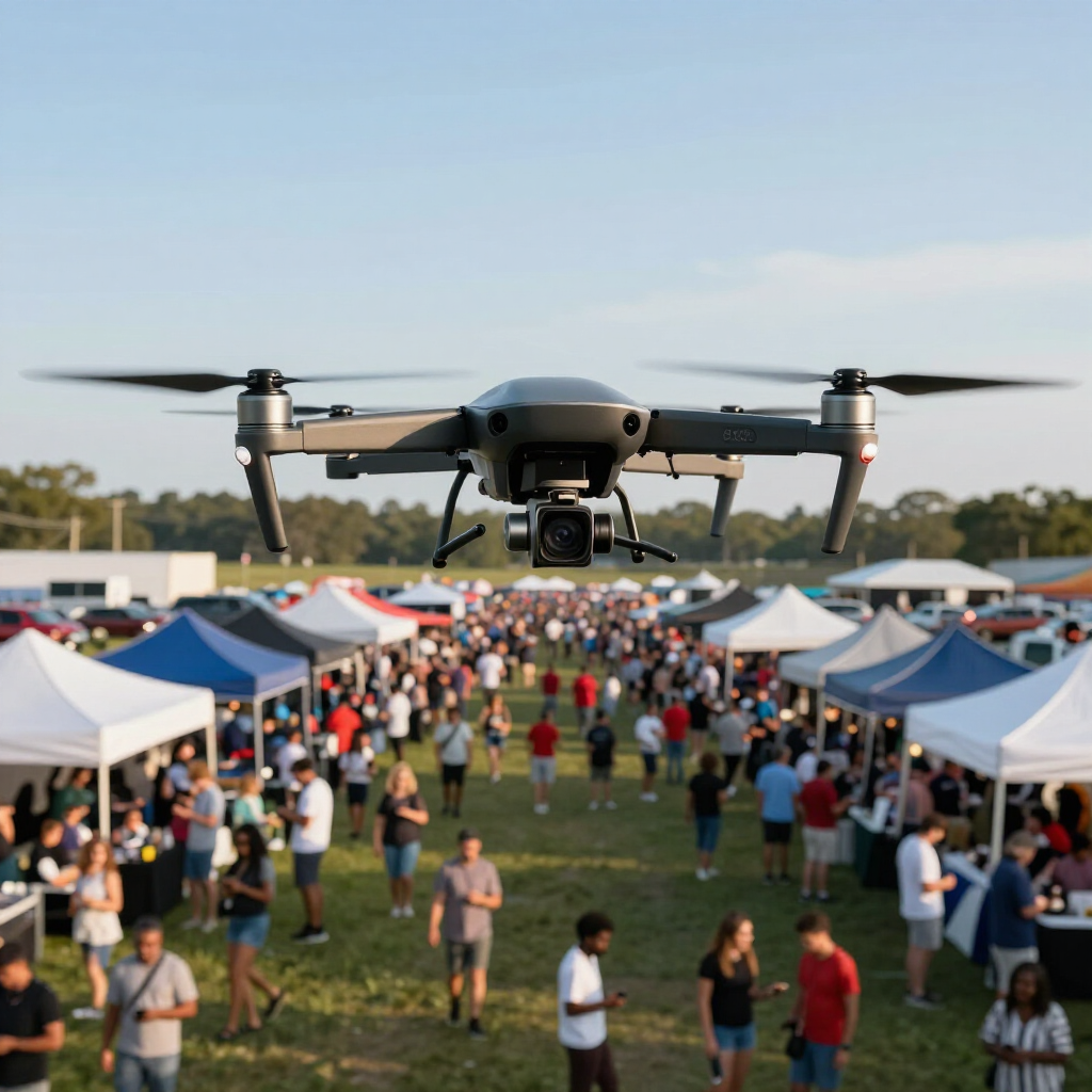 Un dron sobrevuela un festival al aire libre abarrotado de gente, con filas de tiendas de campaña bajo un cielo despejado.
