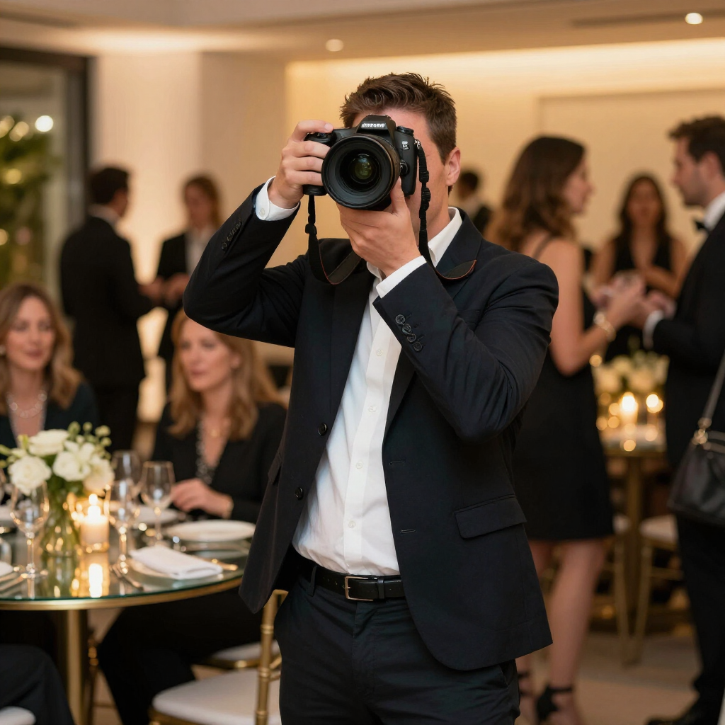 Fotógrafo con traje oscuro tomando una foto en un evento formal en interiores con invitados al fondo.