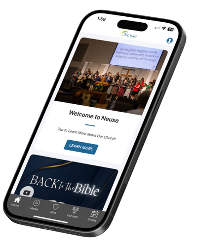 Smartphone showing a church app; Welcome to Nouse, with Back to the Bible promotion, featuring a congregation.