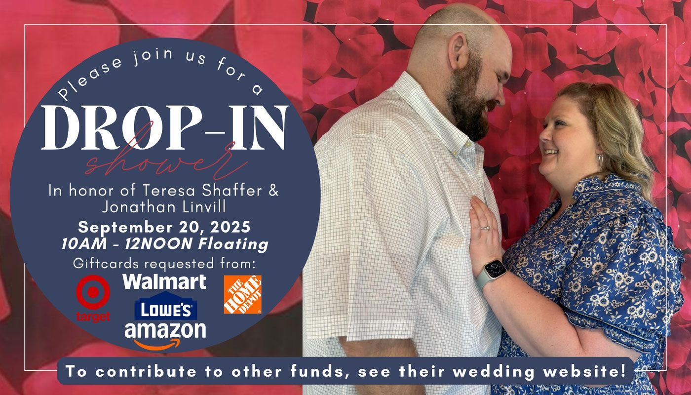 A man and woman are standing next to each other in front of a sign that says drop-in