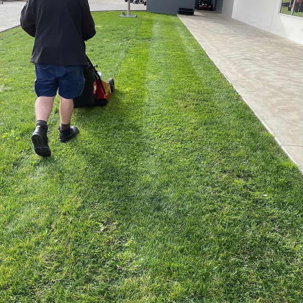A Man is Mowing a Lush Green Lawn With a Lawn Mower — Ireland's Machinery Pty Ltd in Braemar, NSW