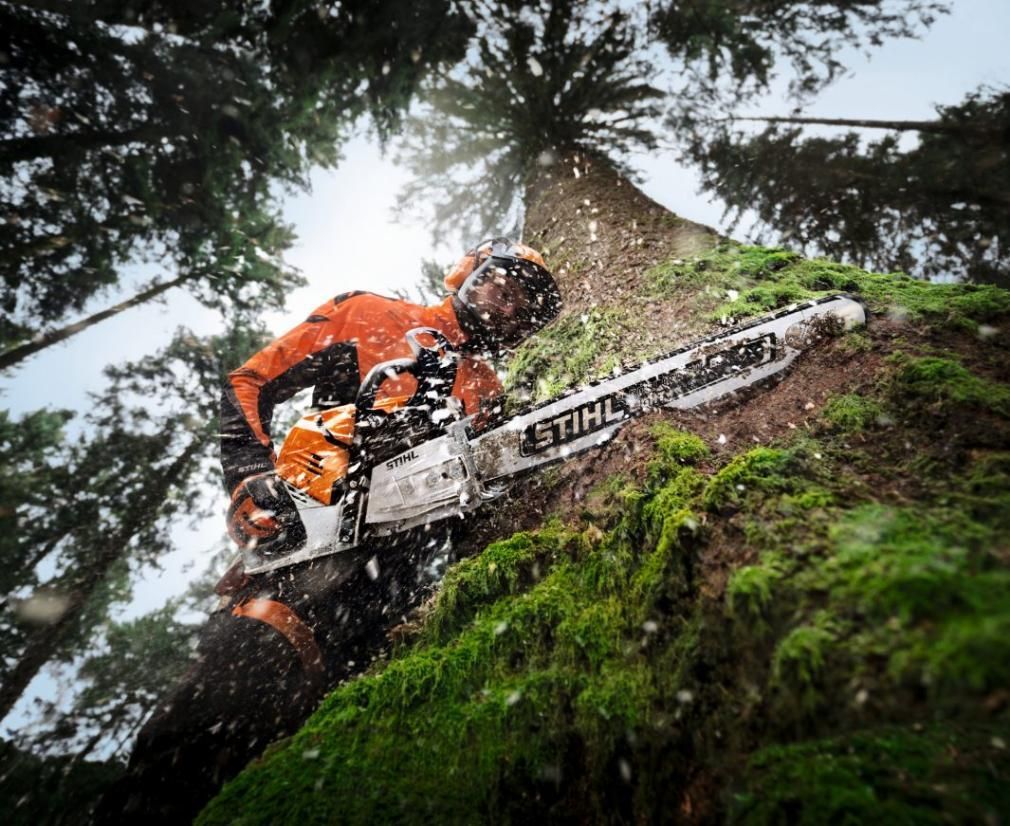 A Man is Cutting a Tree With a Chainsaw — Ireland's Machinery Pty Ltd In Braemar, NSW