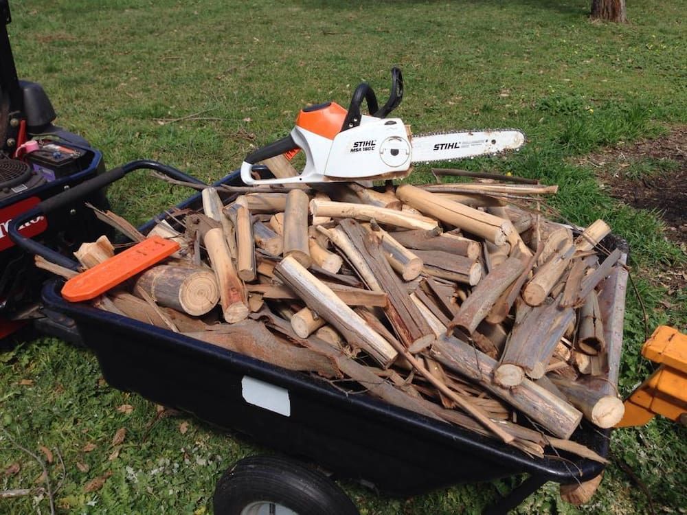 A Wheelbarrow Filled With Logs and a Chainsaw — Ireland's Machinery Pty Ltd in Braemar, NSW