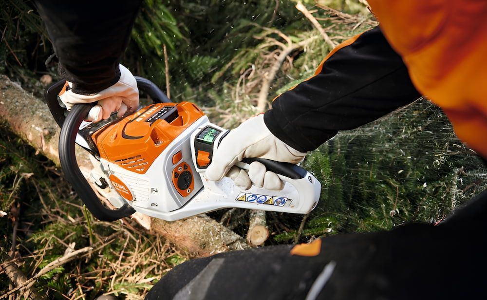 A Person is Using a Chainsaw to Cut a Tree Branch — Ireland's Machinery Pty Ltd in Braemar, NSW