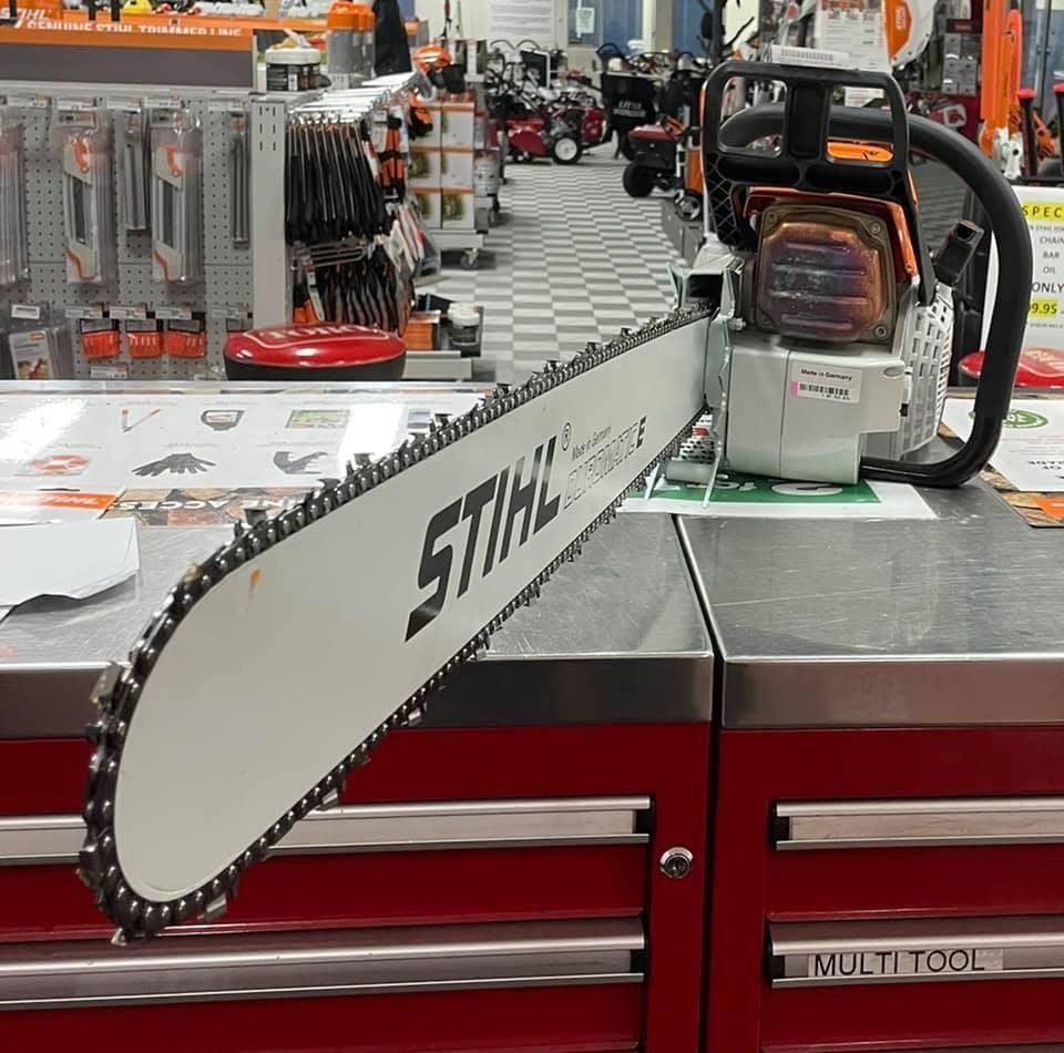 A STIHL Chainsaw is Sitting on a Counter in a Store — Ireland's Machinery Pty Ltd In Braemar, NSW