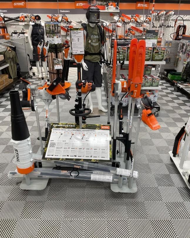 A Display of STIHL Tools in a Store With a Mannequin in the Background — Ireland's Machinery Pty Ltd In Braemar, NSW
