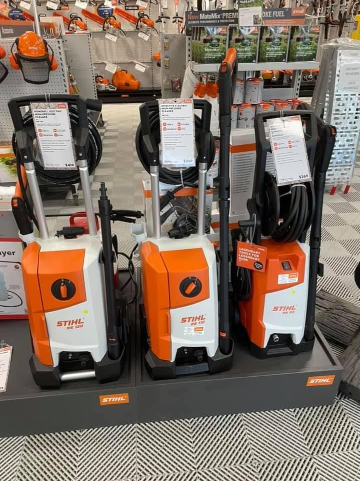 Three STIHL Pressure Washers Are on Display in a Store — Ireland's Machinery Pty Ltd In Braemar, NSW