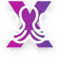 A white line drawing of an octopus centered over a purple and pink gradient letter X, with the text OCTOPUSH below.