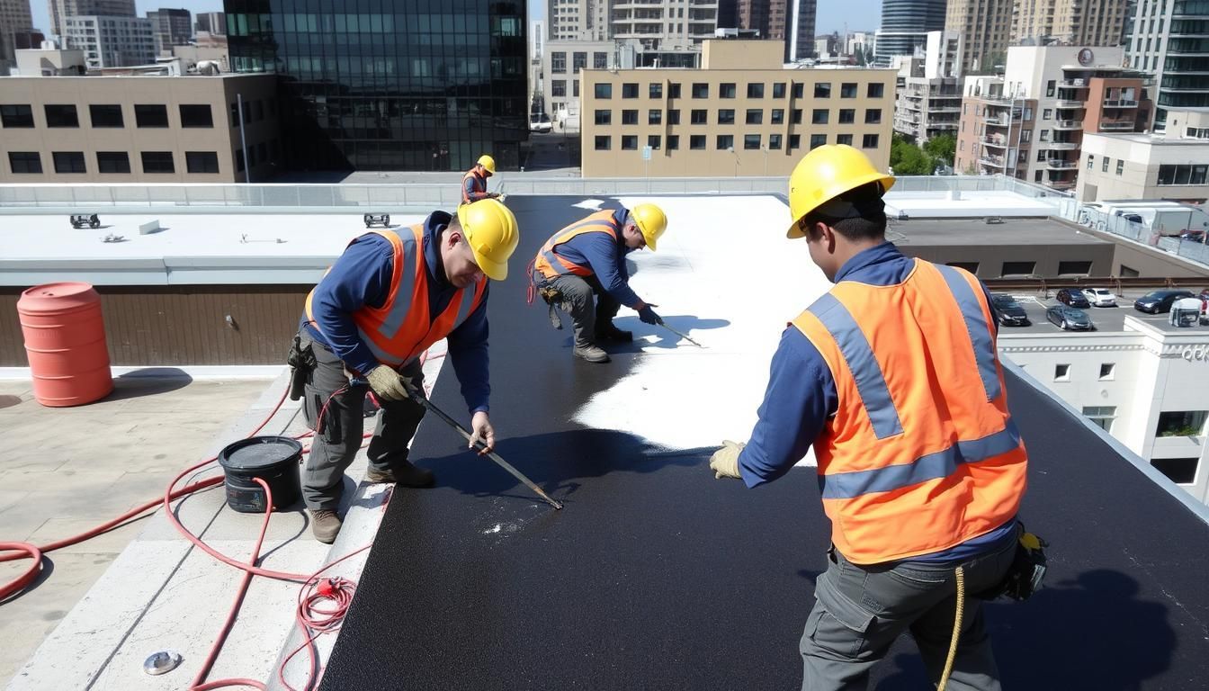 A group of construction workers are working on a roof