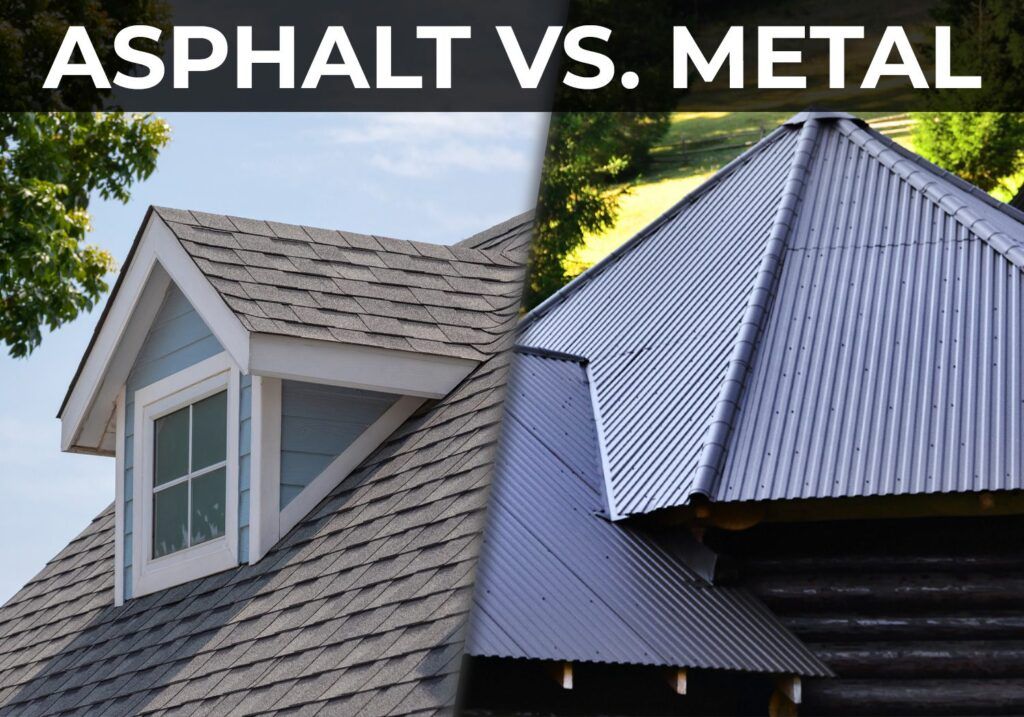 A picture of an asphalt roof next to a picture of a metal roof