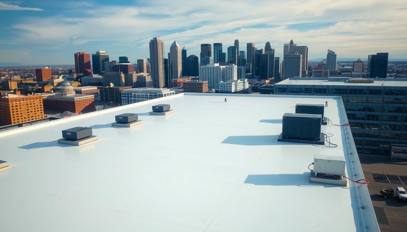 An aerial view of a white roof with a city skyline in the background.