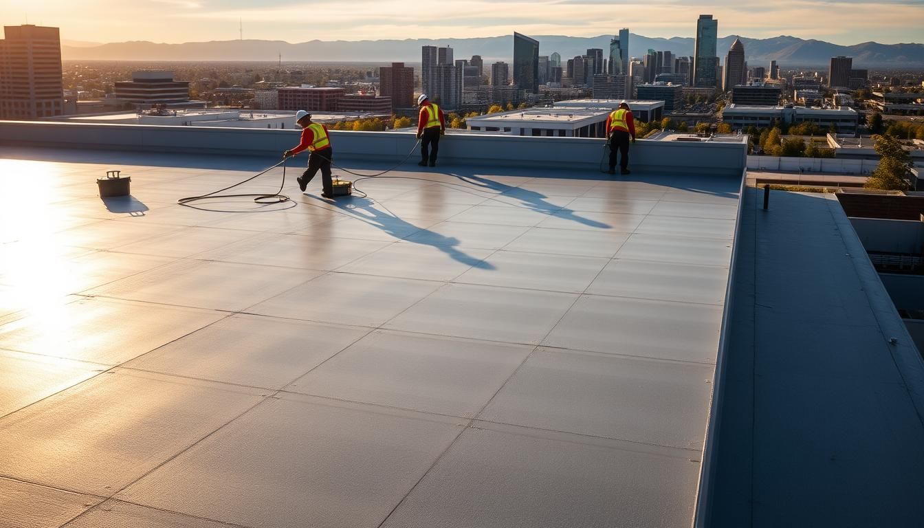 A group of construction workers are working on the roof of a building.