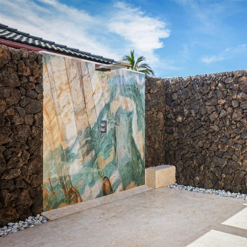 Blue Louis, Natural Stone, Outdoor Shower, Lava Rock Wall, Luxurious, Waterfall Shower 