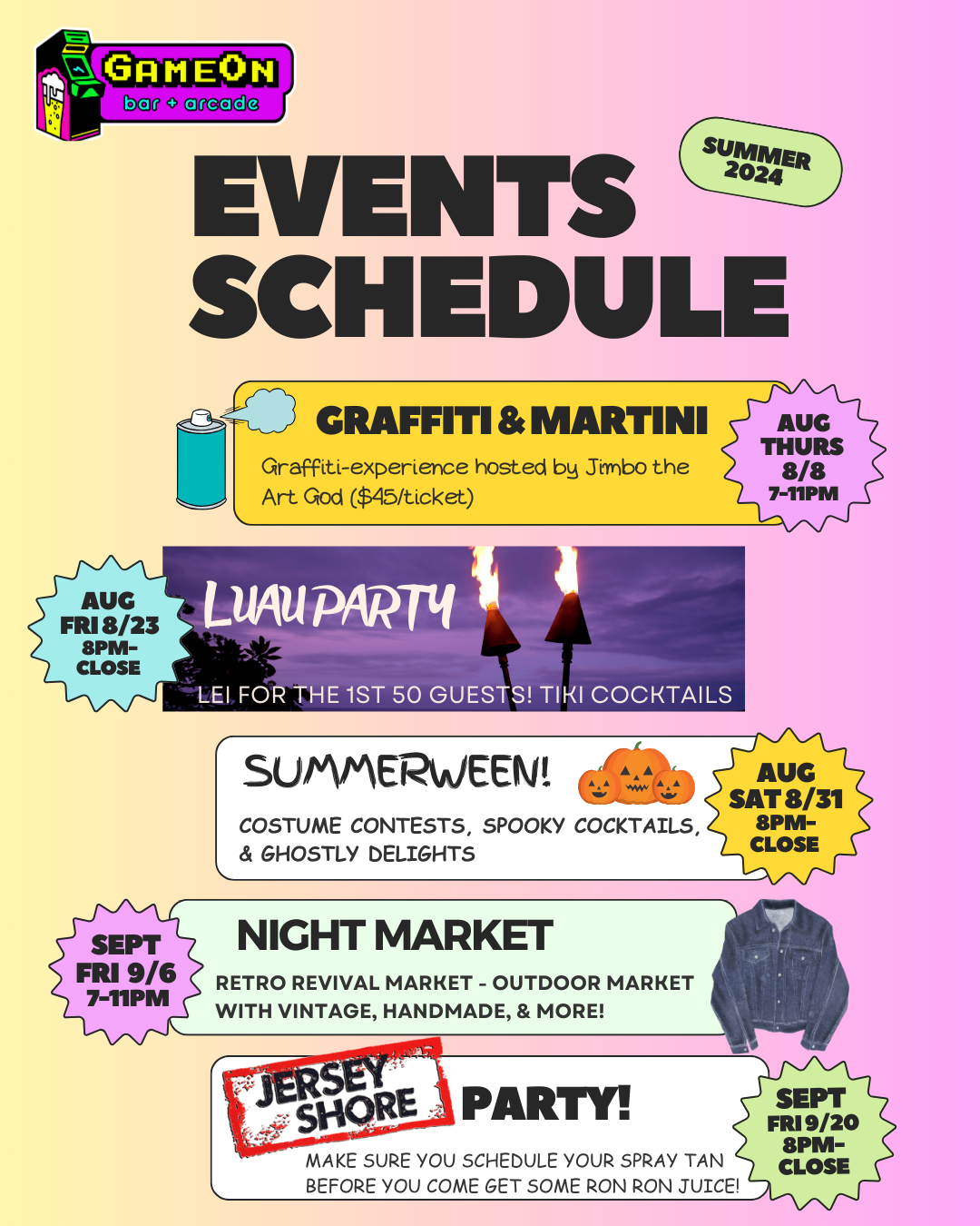 A pink poster with a schedule of events including graffiti & martini , summerween , night market and jersey shore party.