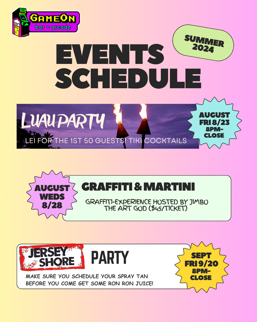 A pink poster with the words `` events schedule '' on it