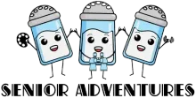 A logo for senior adventures with three salt and pepper shakers holding hands.