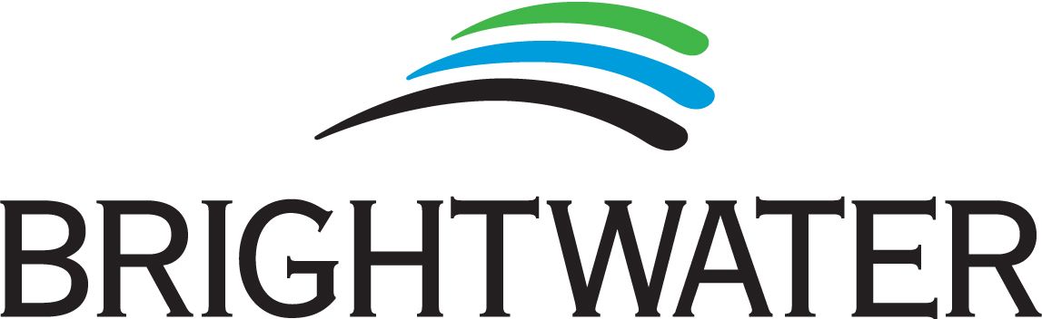 A brightwater logo with a blue and green wave on a white background.