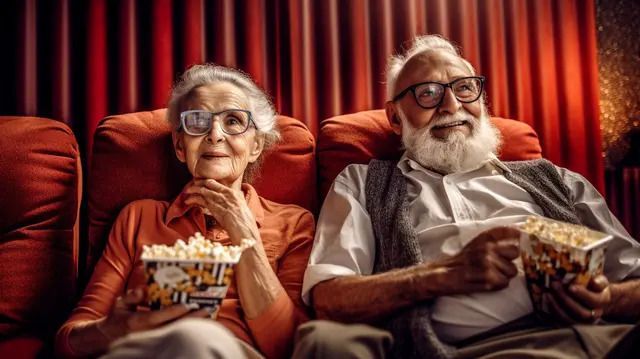 Three striped containers of popcorn are sitting on a table.