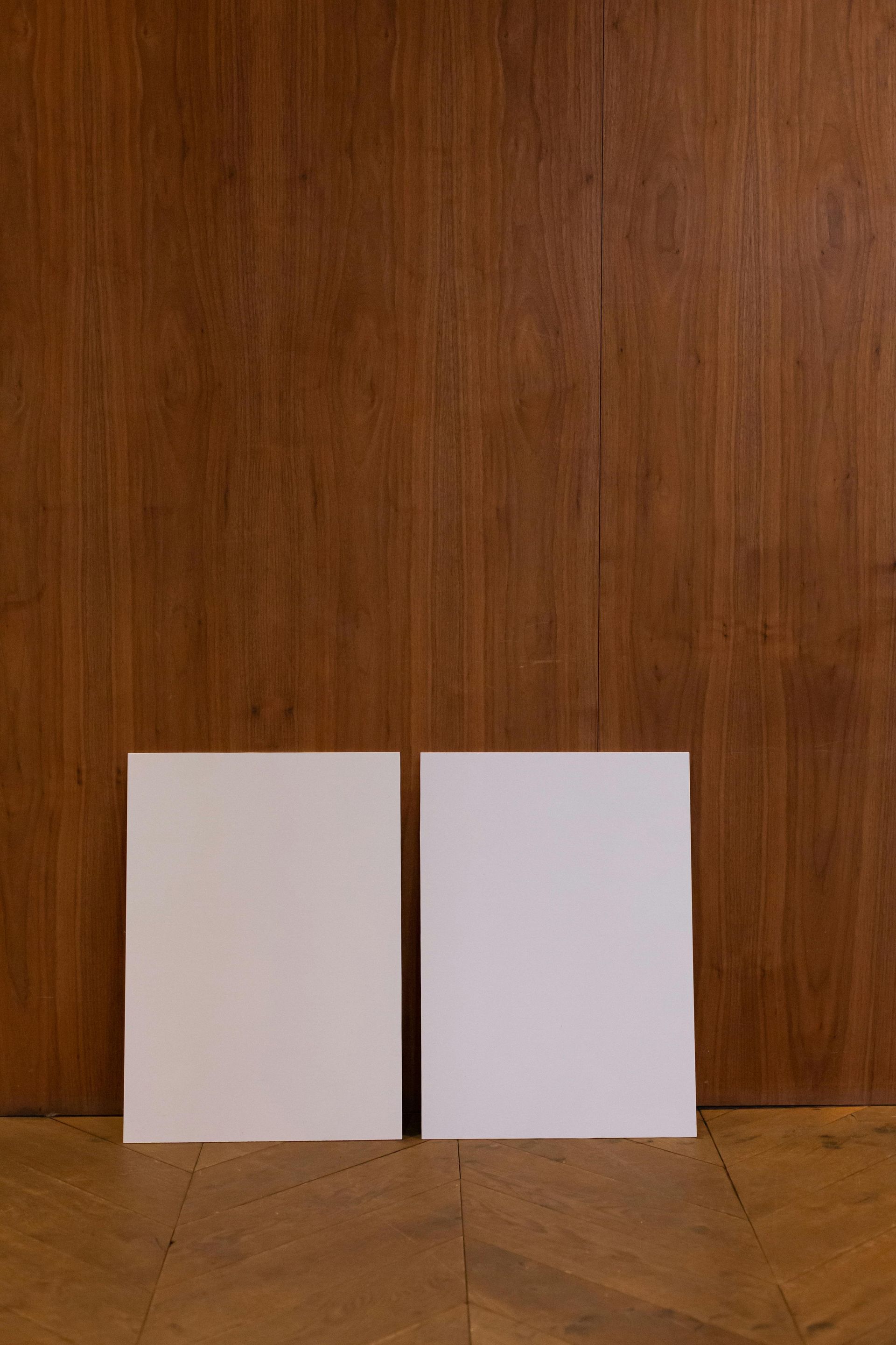 Two blank white cards leaning against a brown wooden wall.