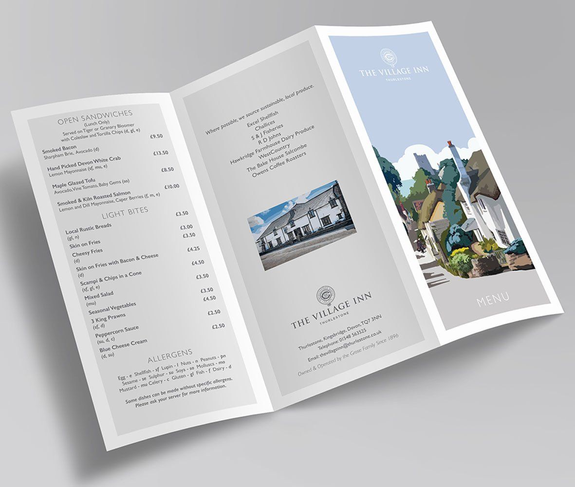tri fold hotel and restaurant menu design in south devon by nick walker printing