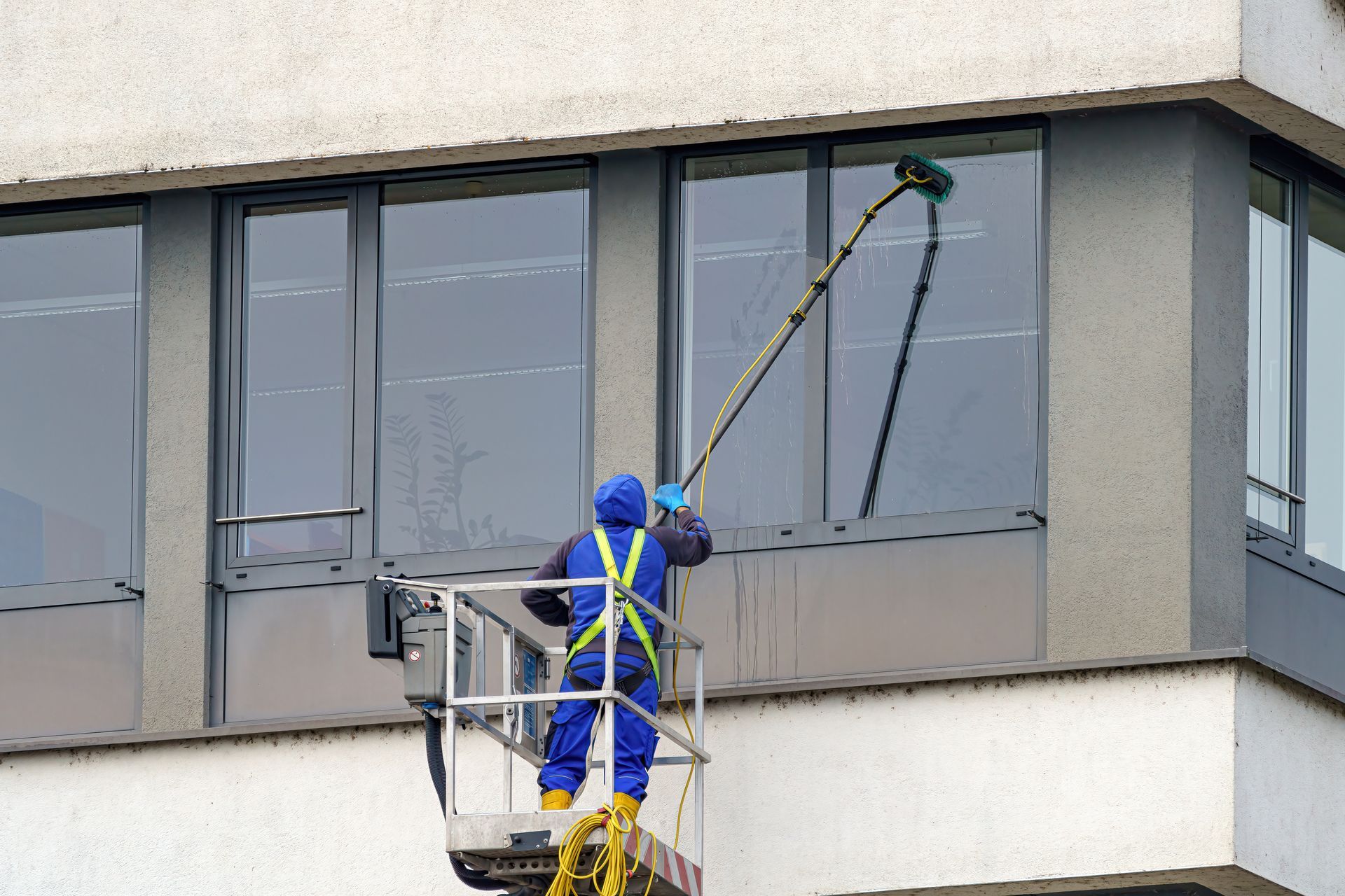a professional cleaning a commercial building windows