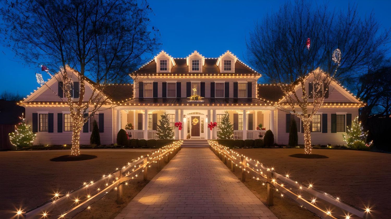 House illuminated with Christmas lights, featuring a lit pathway and trees, set against a twilight sky.