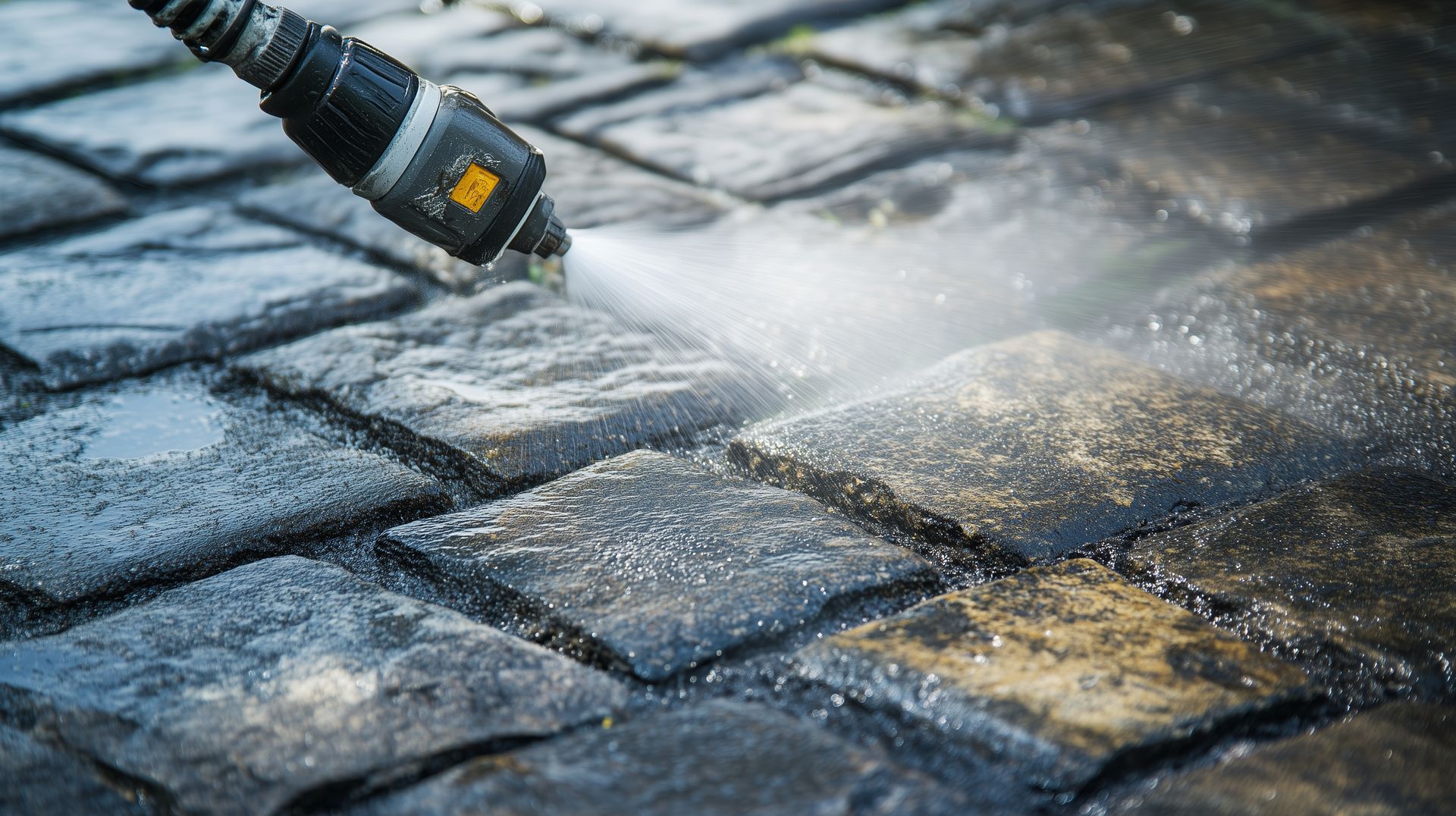 Pressure washer cleaning dark stone pavers.