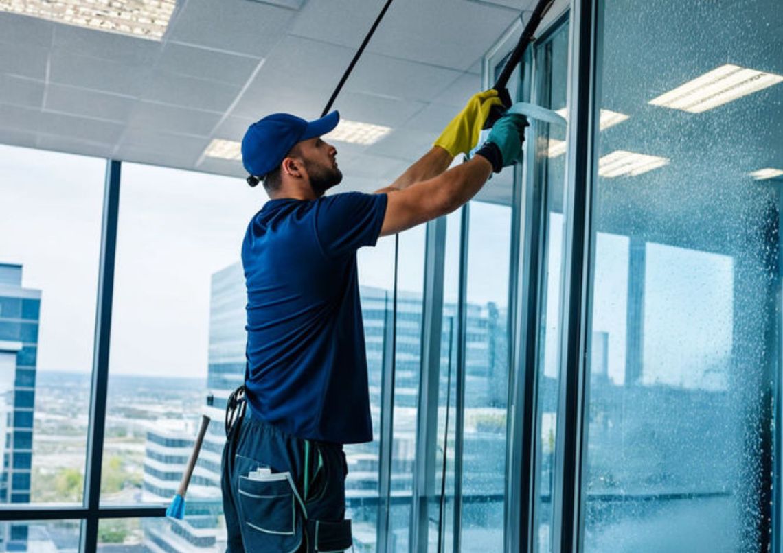 A man is cleaning a window in an office building.