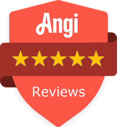 Angi logo on a red shield with five yellow stars and the word