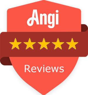 An Angi badge featuring five yellow stars inside a red shield banner with the text