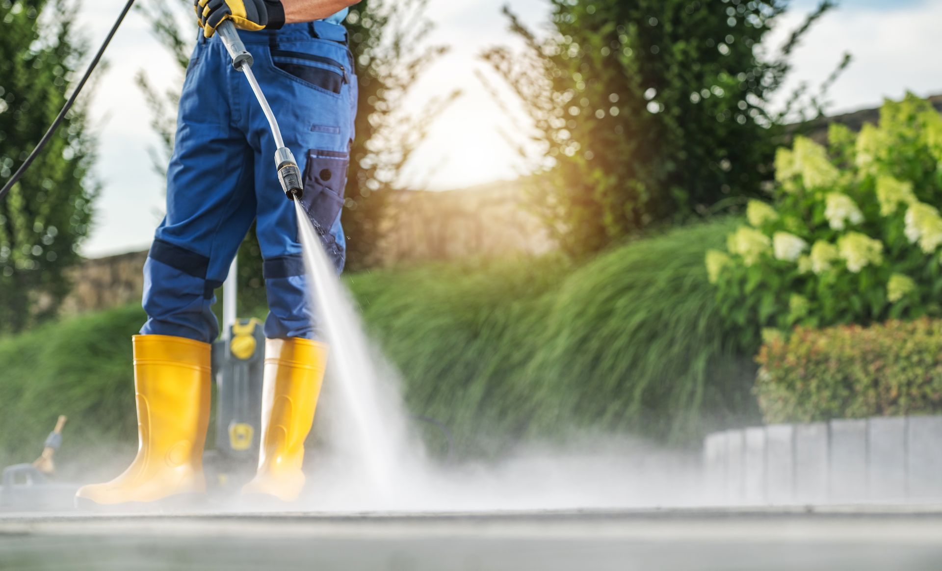 Person in blue work clothes and yellow boots power washes a concrete surface outdoors.
