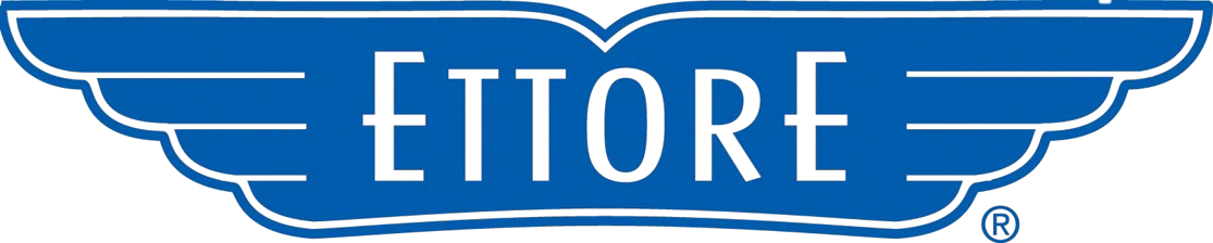 The Ettore logo, featuring the brand name in white serif text centered on a blue horizontal wing-shaped emblem.