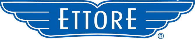 The Ettore logo, featuring the brand name in white serif text centered on a blue horizontal wing-shaped emblem.