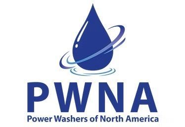 Logo for Power Washers of North America featuring a blue water drop with an orbital ring and the text 